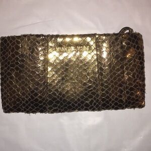 Michael Kors Daria Pleated Leather Clutch Metallic Gold Purse Snake-Skin Clutch